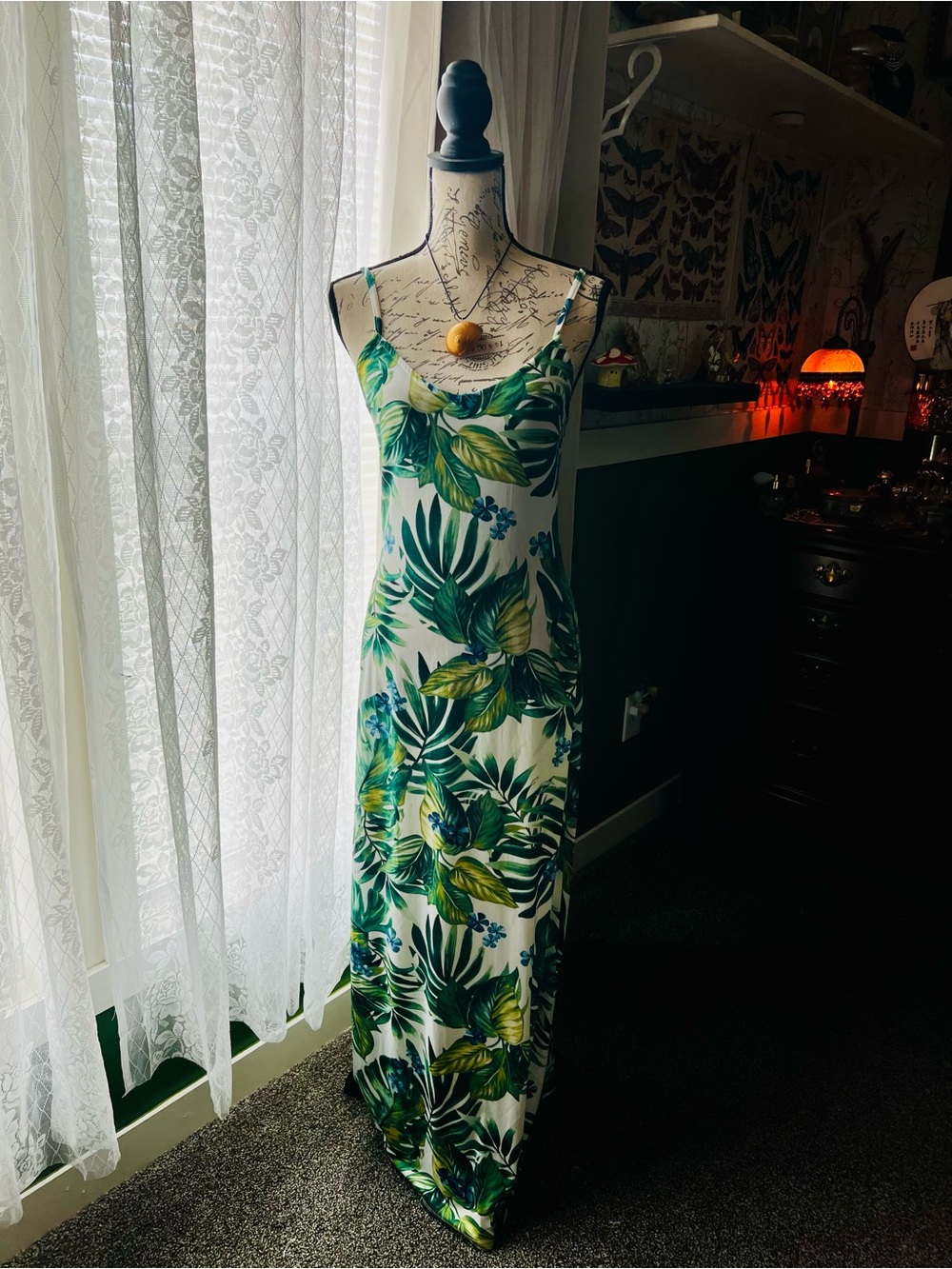 Haute Monde White Maxi Dress with Green Tropical Print